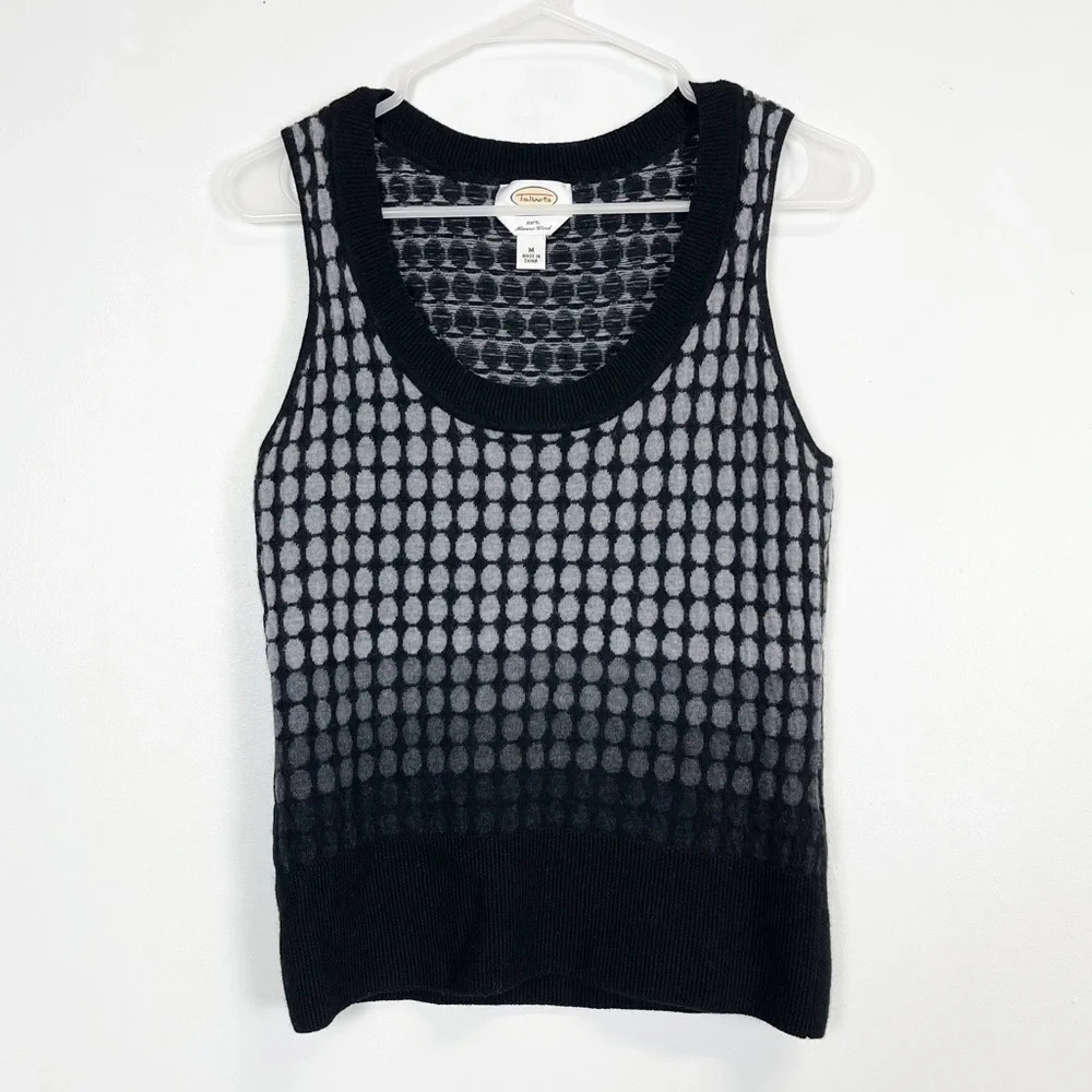 Talbots Sweater Womens Medium Black Gray Geometric Knit Detail Sleeveless